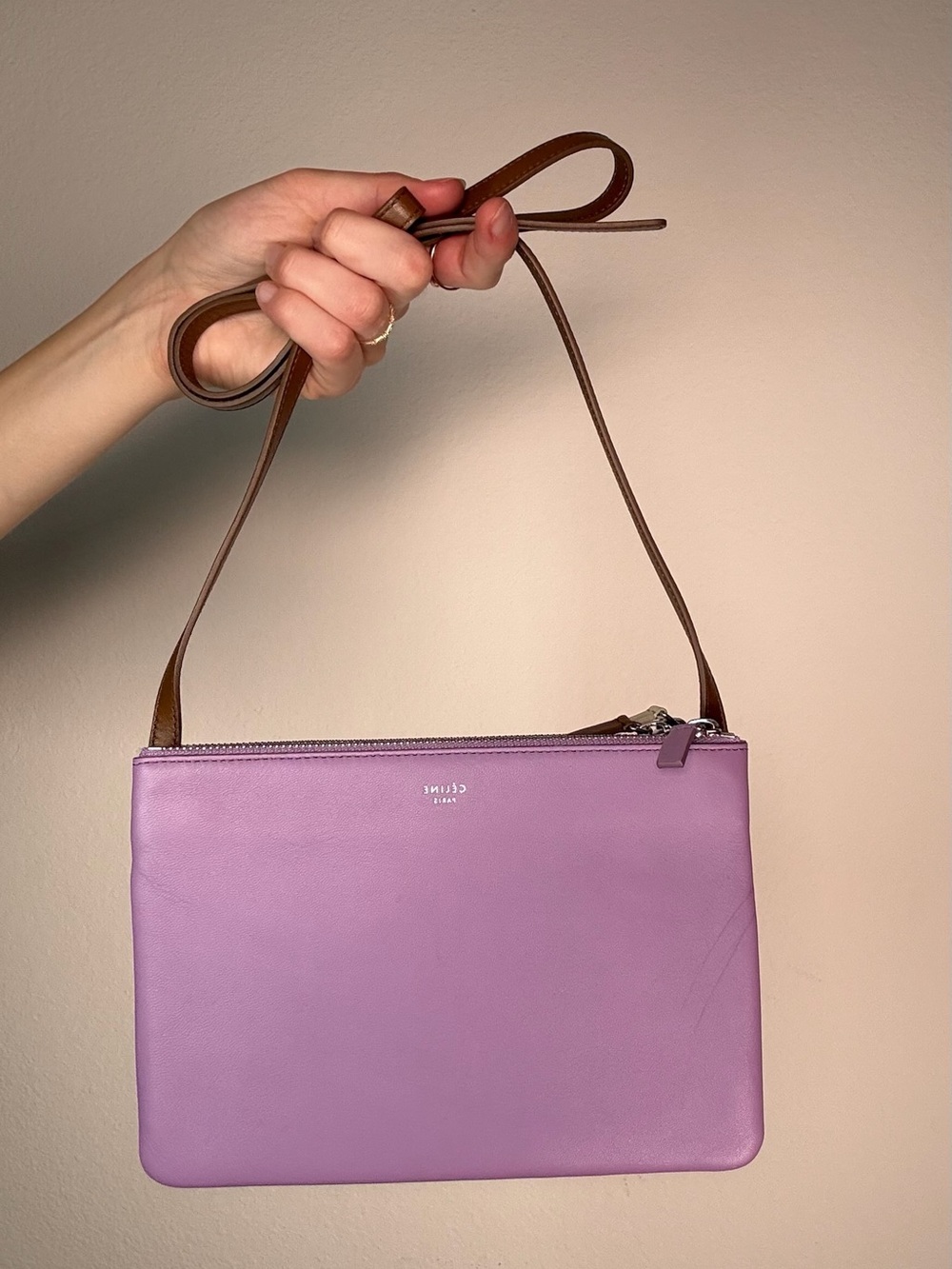 Celine Lilac Leather Crossbody with Brown Strap
